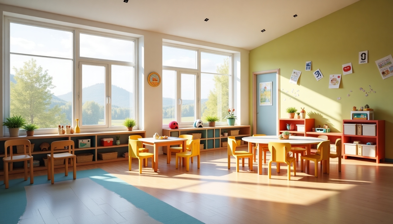 Світлий сучасний клас у Карпатах з яскравими меблями та ігровою зоною