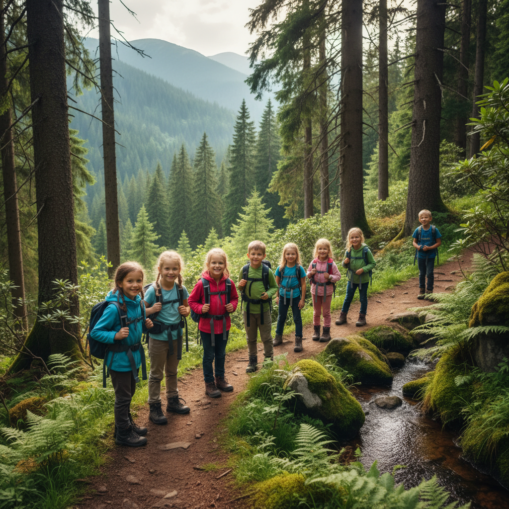 Діти групою йдуть стежкою у Карпатах