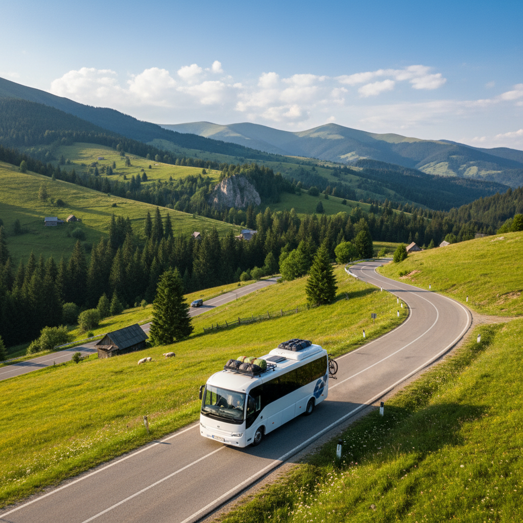 Мікроавтобус на фоні гірської дороги