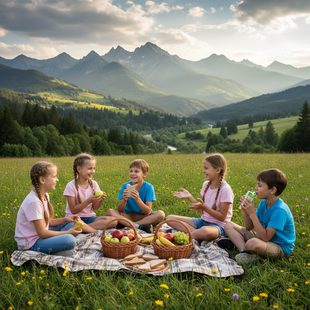 Пікнік на природі, діти їдять та спілкуються