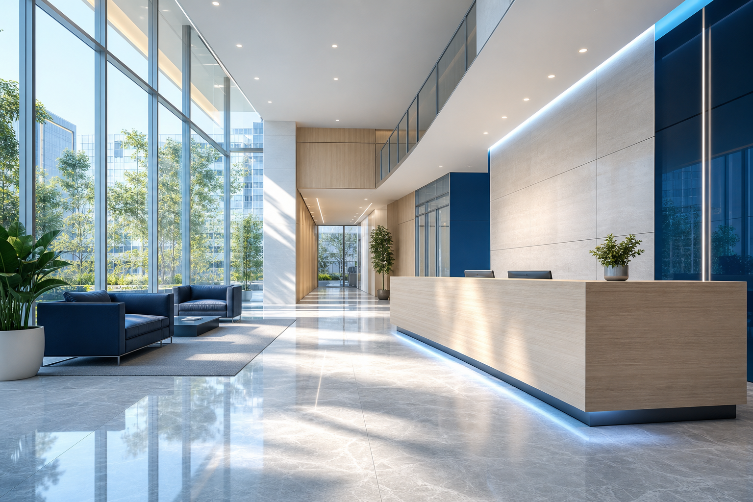 Bright modern corporate lobby with glass walls, a polished reception desk, and soft blue accents
