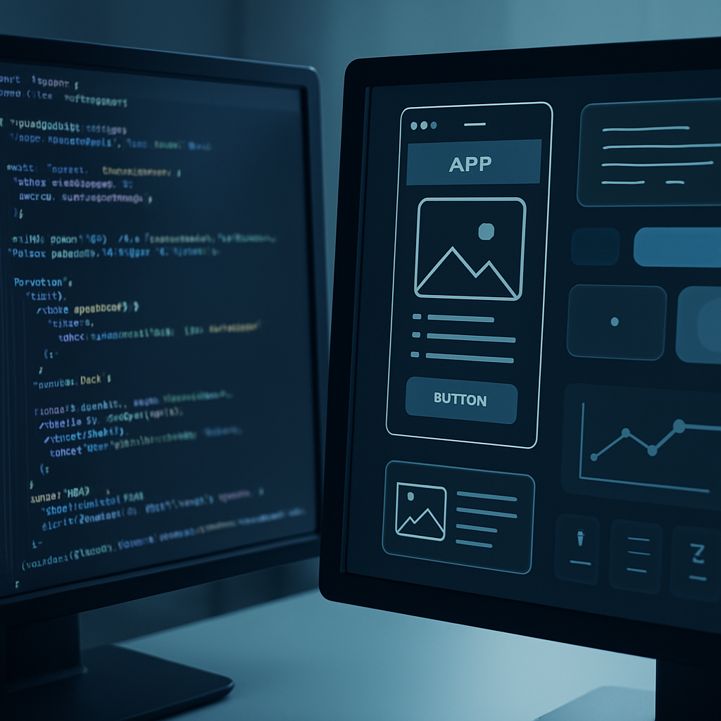 Close-up of code and UI wireframes representing software innovation and product development