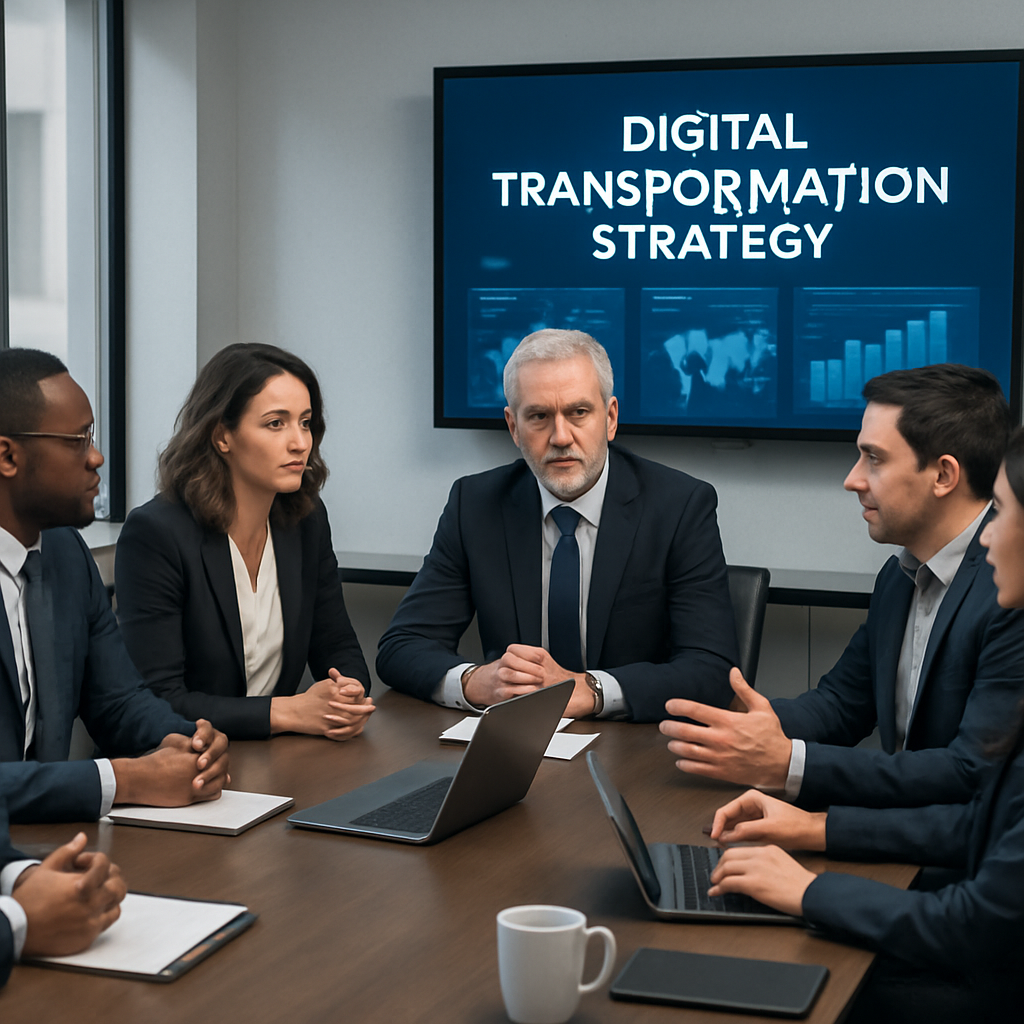 Enterprise client meeting with executives and software consultants discussing digital strategy