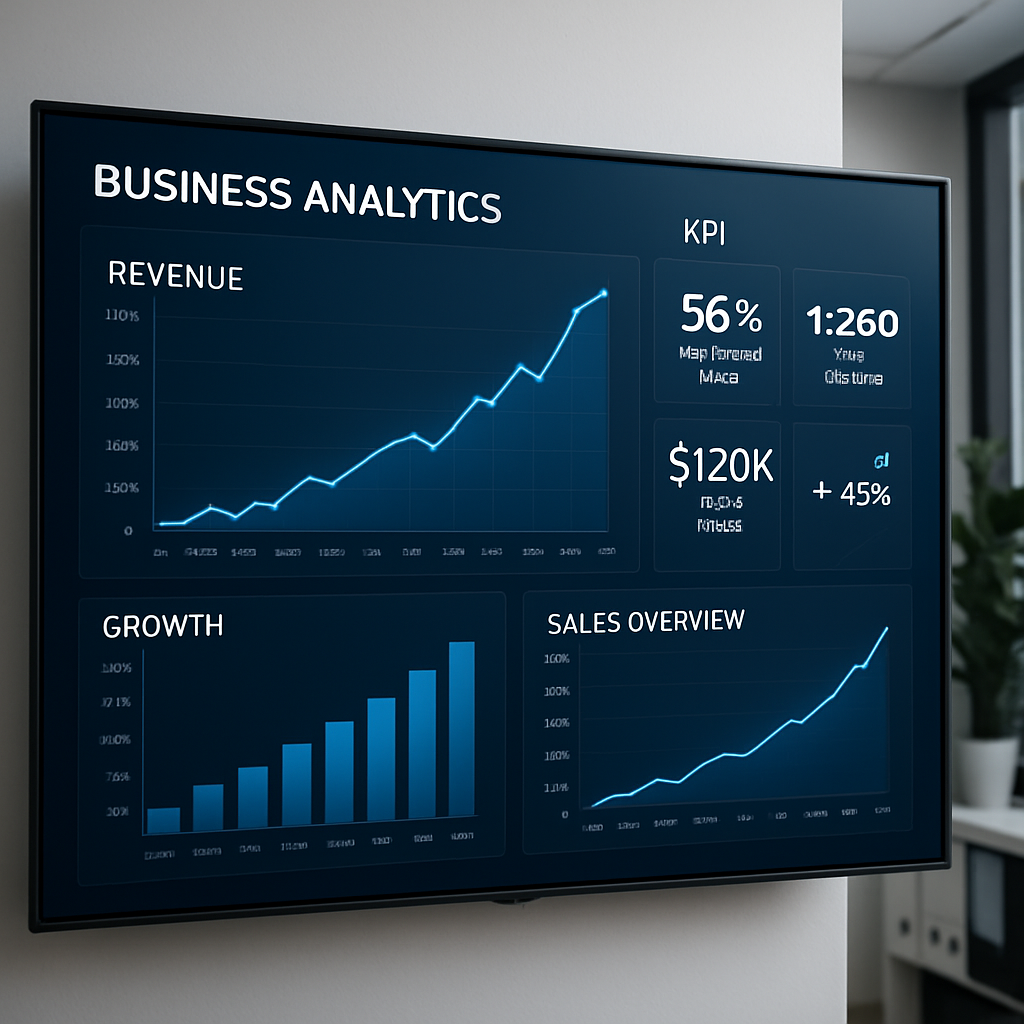Business analytics dashboard showing growth metrics and success results for enterprise clients