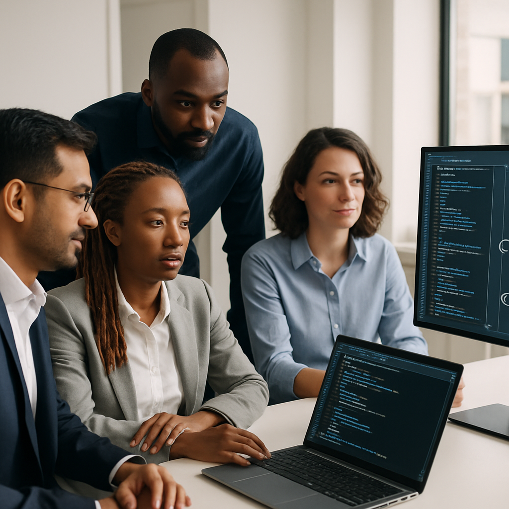 Team of software experts collaborating in a modern office, with digital screens and code visuals