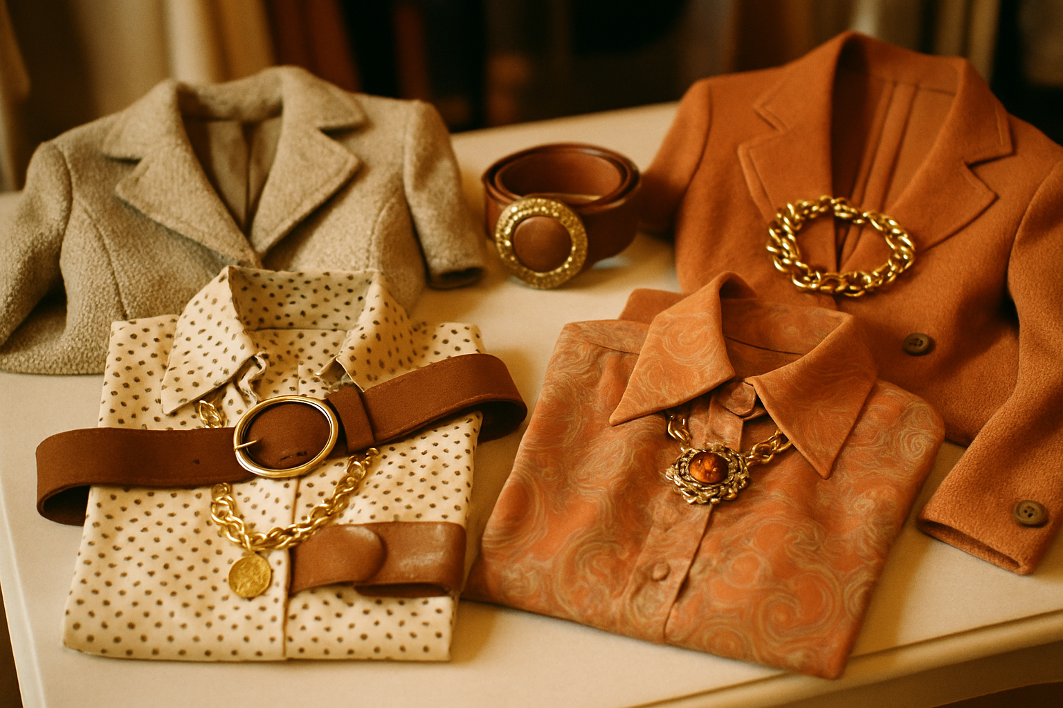 Editorial fashion still life of vintage 70s and 80s clothing with accessories