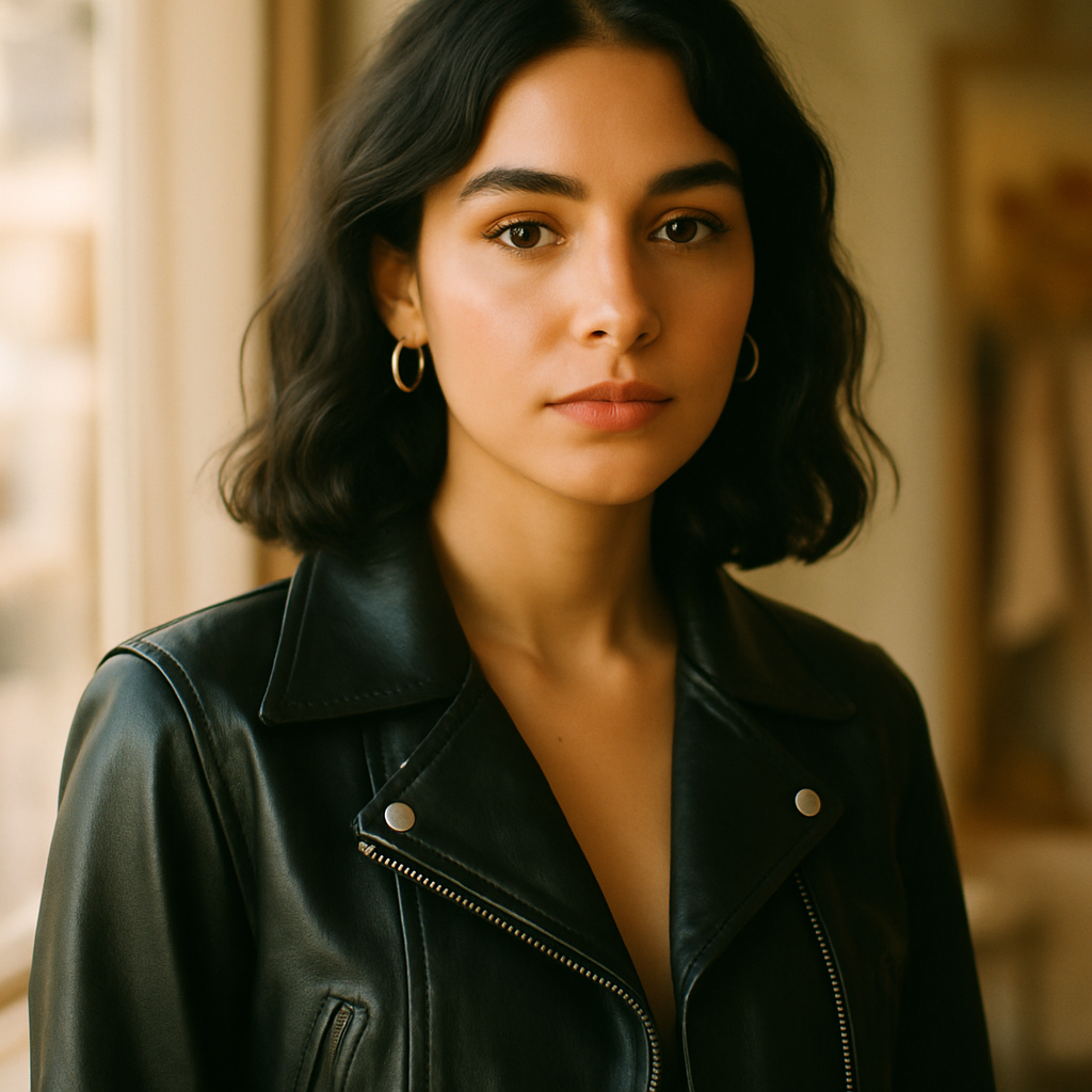 Vintage fashion customer Ivy wearing a cropped leather jacket