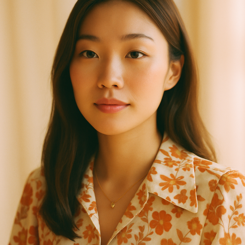 Vintage fashion customer Maya with a soft floral blouse