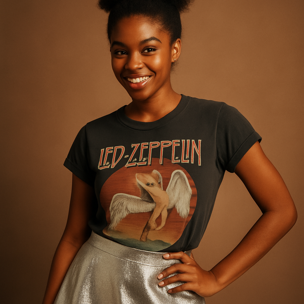 Vintage fashion customer Sami in a metallic skirt