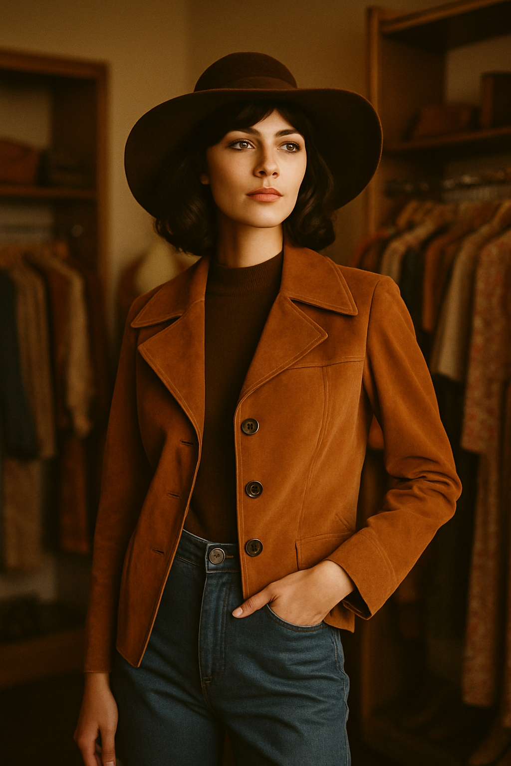 Vintage fashion model in 70s inspired outfit with warm film look