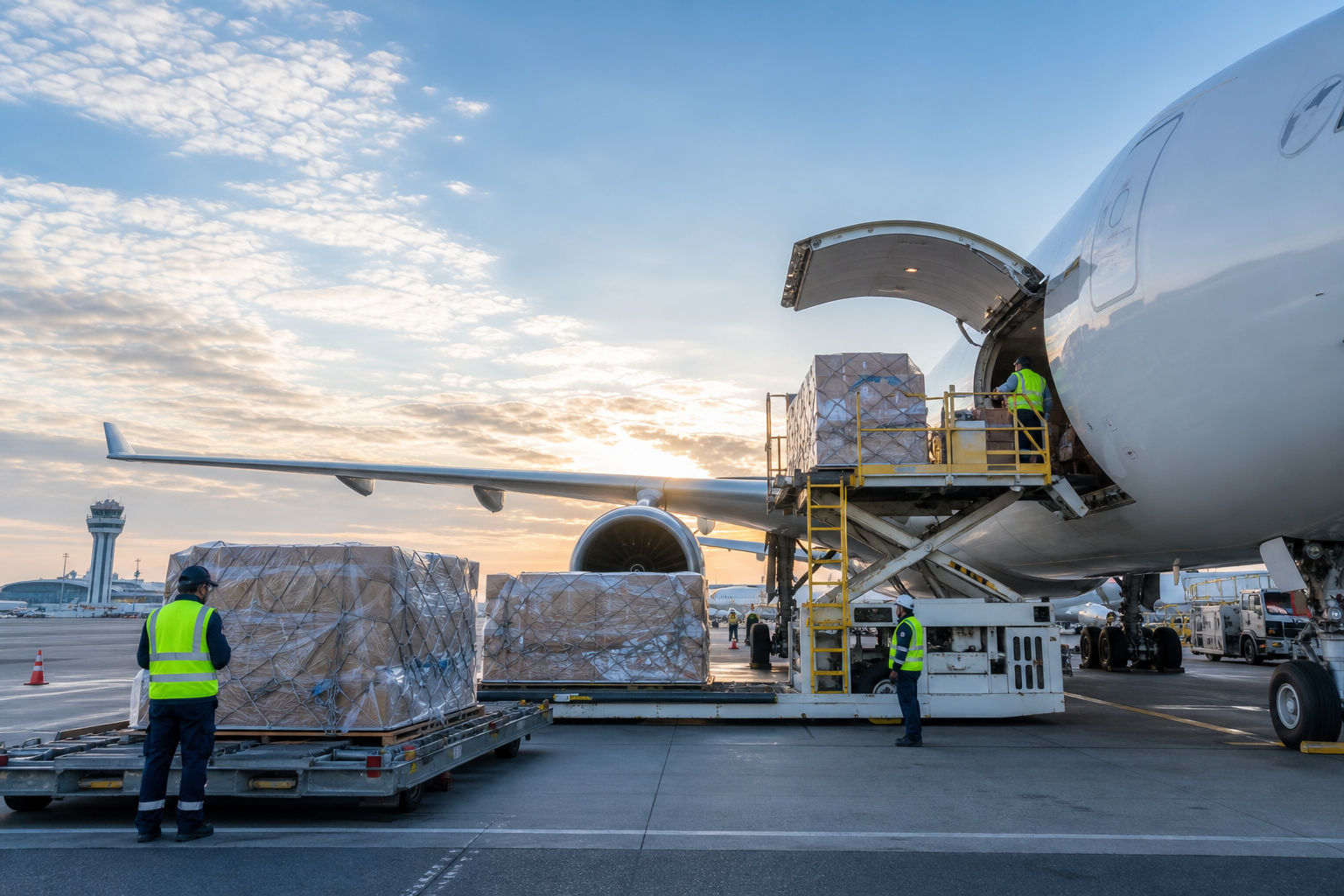 Cargo aircraft at an international airport loading pallets with ground crew and lift equipment in early morning light