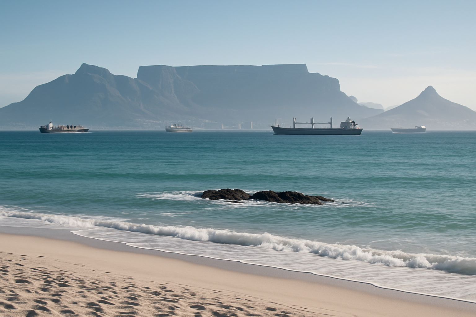 Premium coastal logistics scene at Bloubergstrand with Table Mountain and shipping vessels