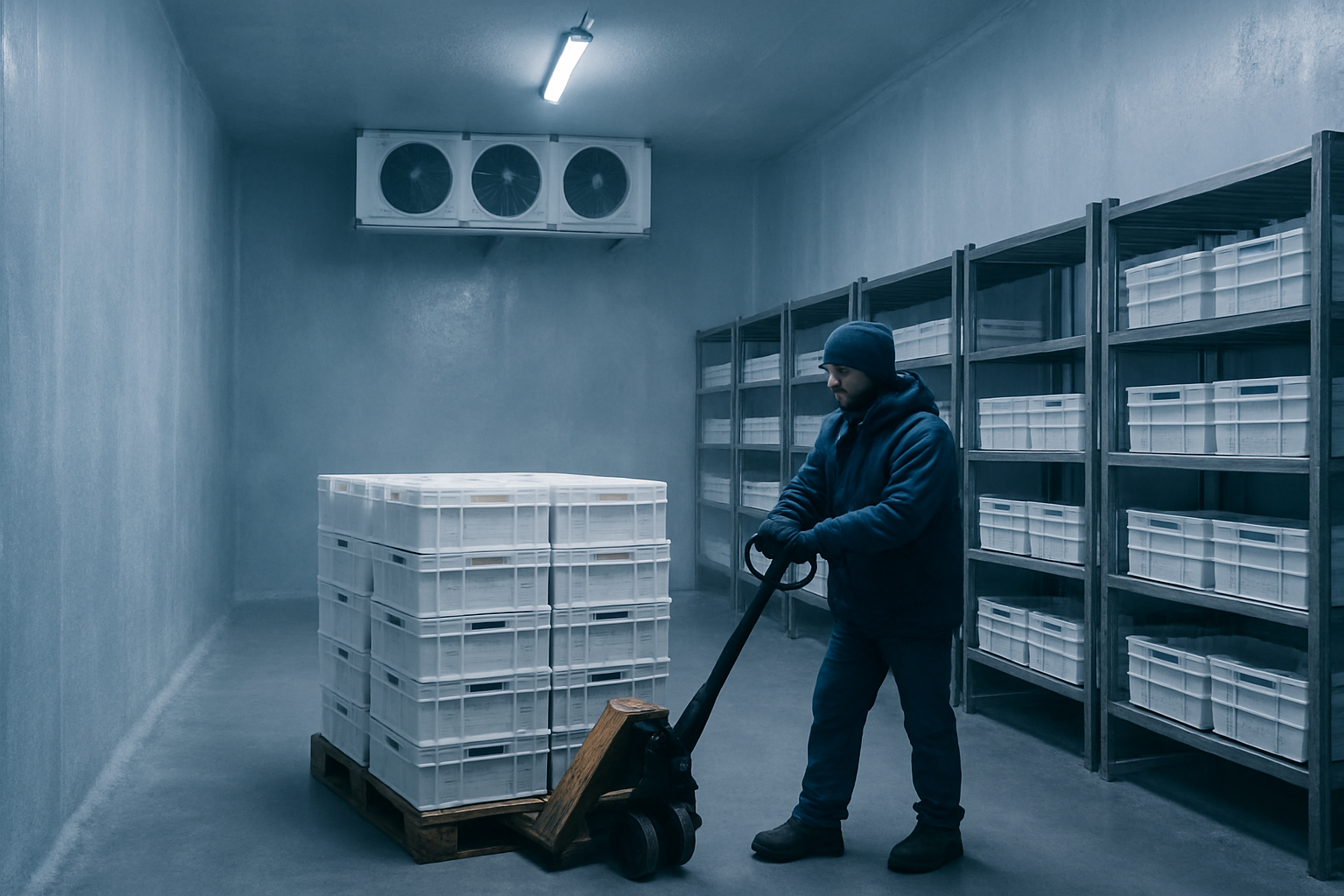 Pallet handling inside a chilled cold-room facility