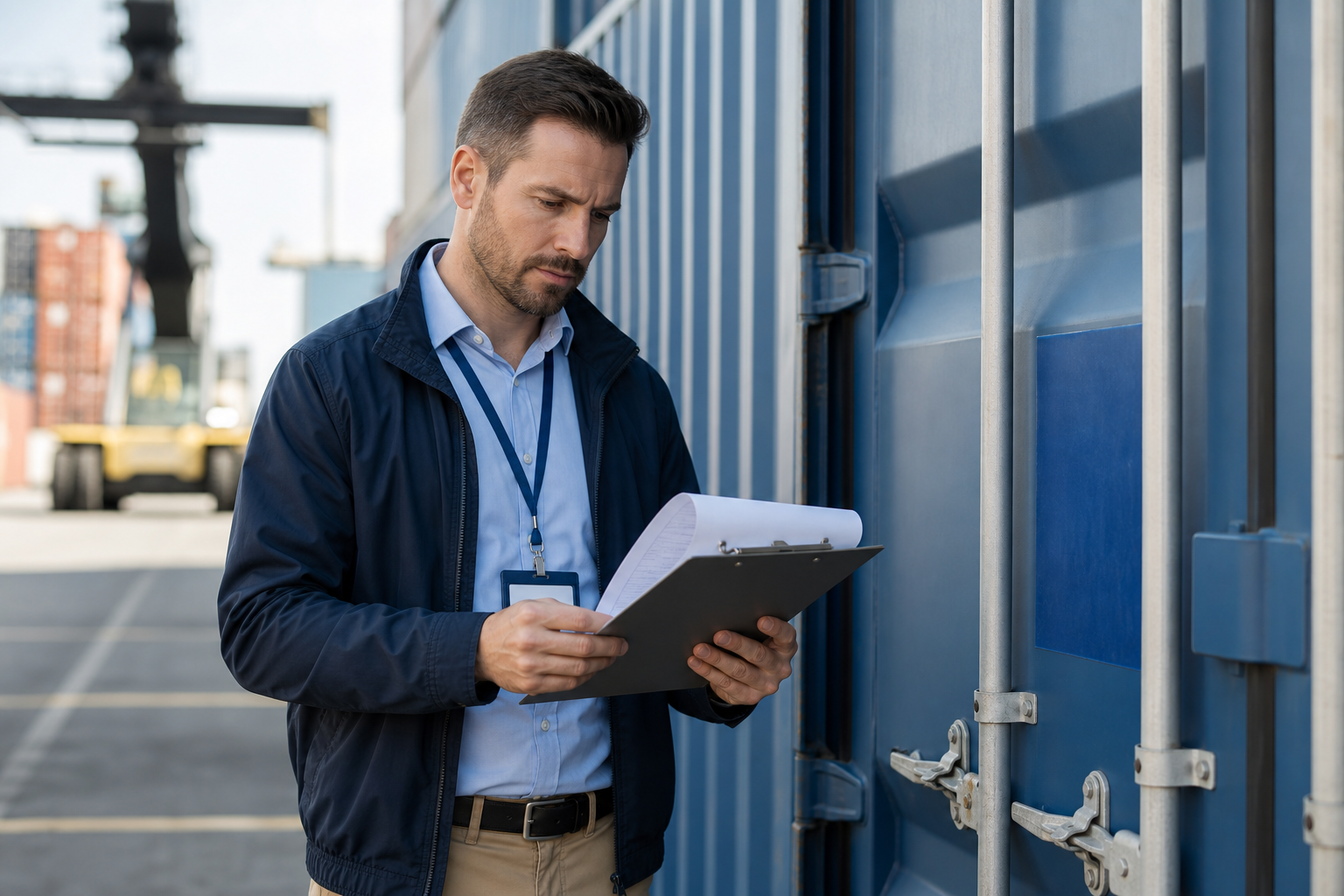 Customs officer reviewing cargo documents beside a sealed shipping container in a modern logistics terminal