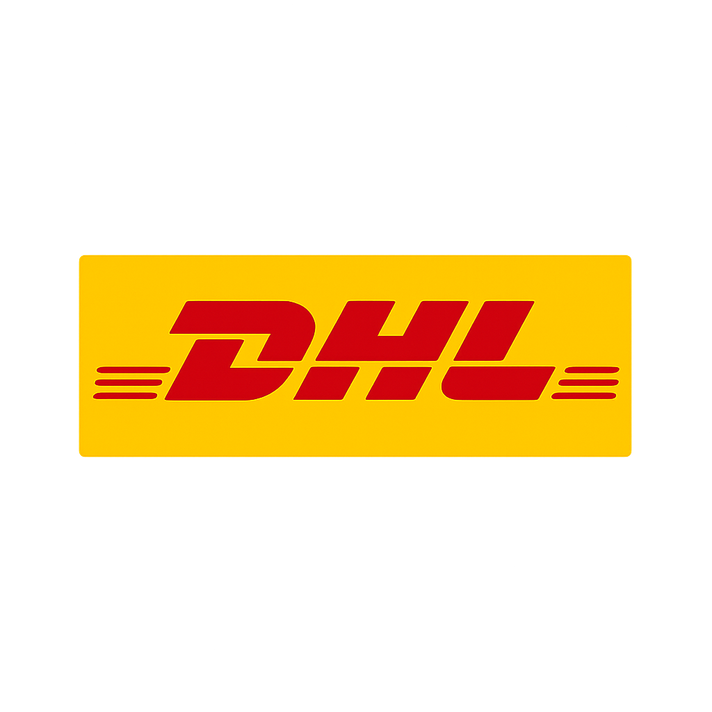 DHL logo in bold red lettering on a yellow rectangular background