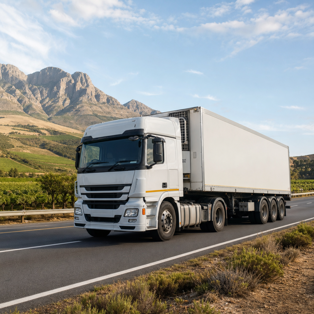 White refrigerated semi-truck traveling on a modern coastal highway with containers and cranes at a port in the background during golden-hour light