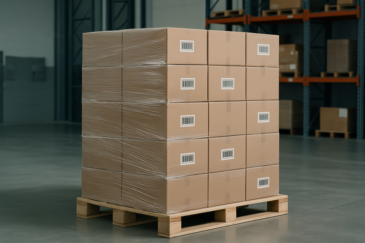 Plain export boxes stacked and wrapped for shipment