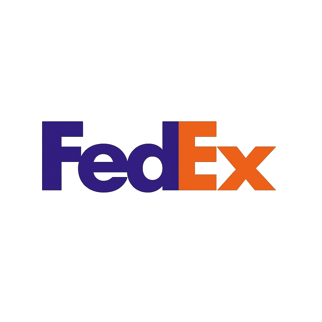 FedEx wordmark logo with purple and orange lettering