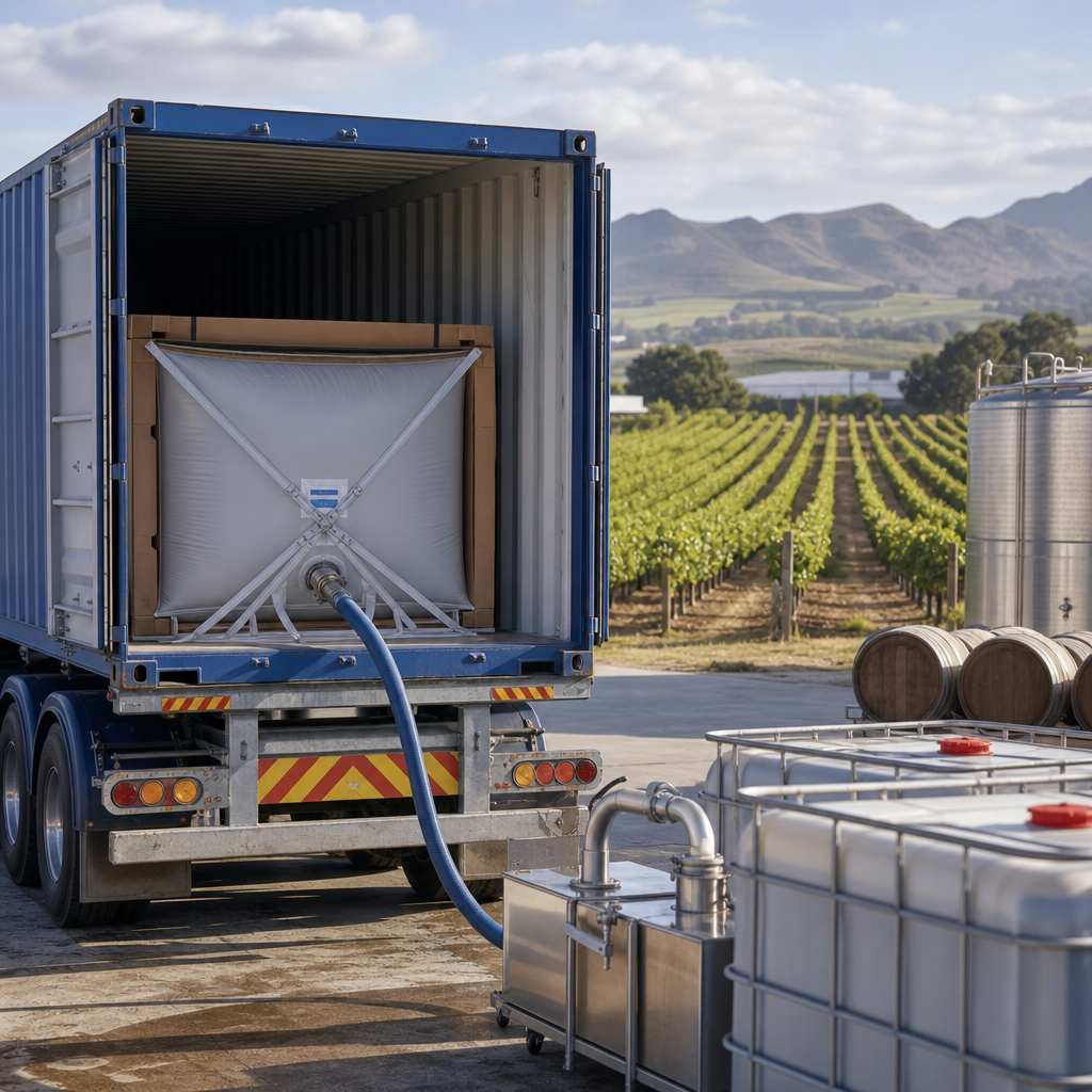 Stainless container being loaded with a translucent flexitank filled with amber beverage liquid in a port logistics setting