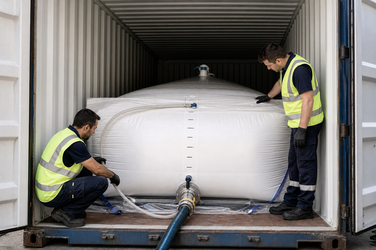 Flexitank loading inside a shipping container with technicians checking food-grade liner