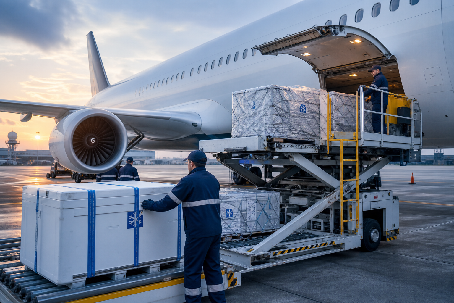 Professional courier handlers loading temperature-controlled parcels into a wide-body cargo aircraft at a modern airport