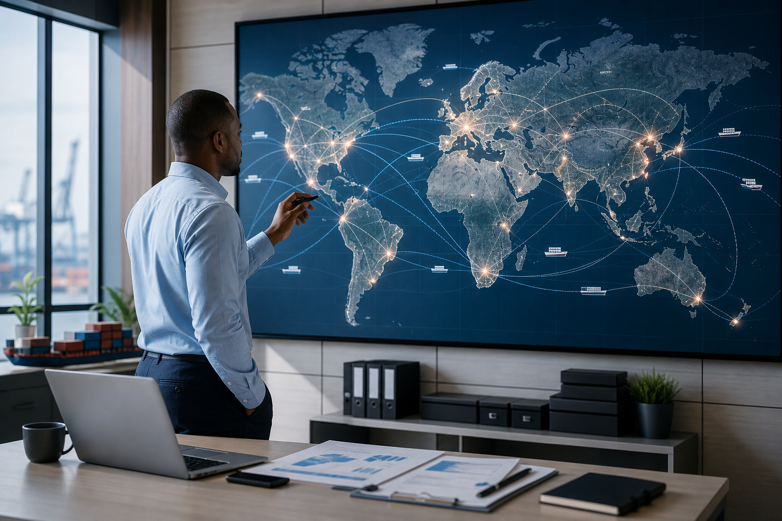 Logistics planner reviewing global trade routes on a large digital map with shipping lines and cargo hubs