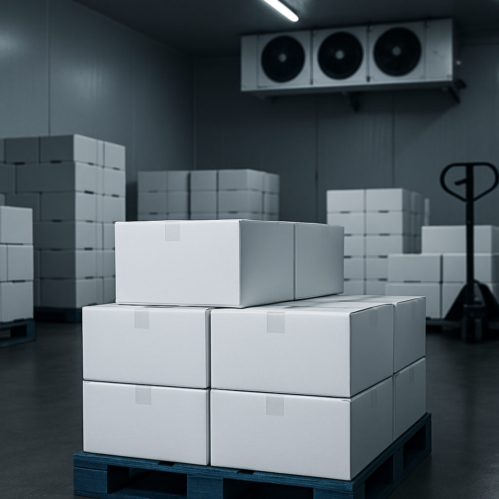 Premium cold-chain logistics operations scene with refrigerated containers and digital monitoring