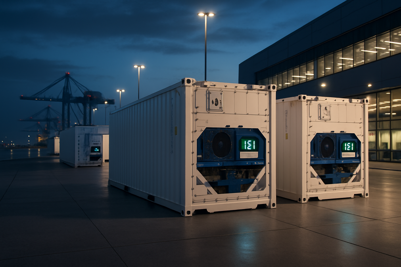 Premium cold-chain logistics operations scene with refrigerated containers and digital monitoring