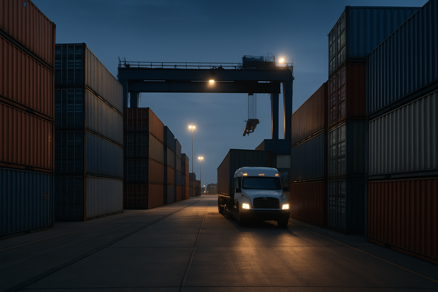 Container yard operations with stacked containers and transport vehicles