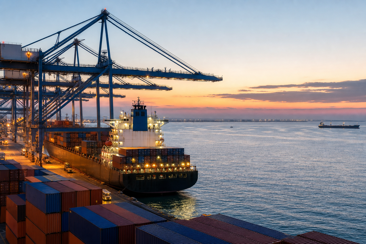 Container vessel and port cranes at dusk with stacked containers and ocean backdrop