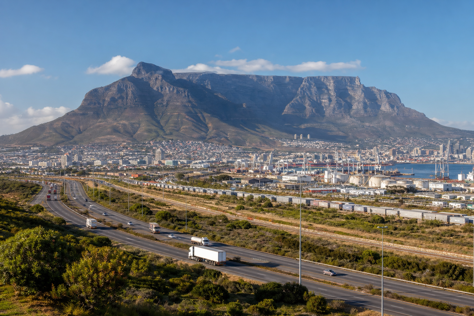 Wide professional view of Table Mountain above Cape Town logistics corridors and port approaches under clear daylight