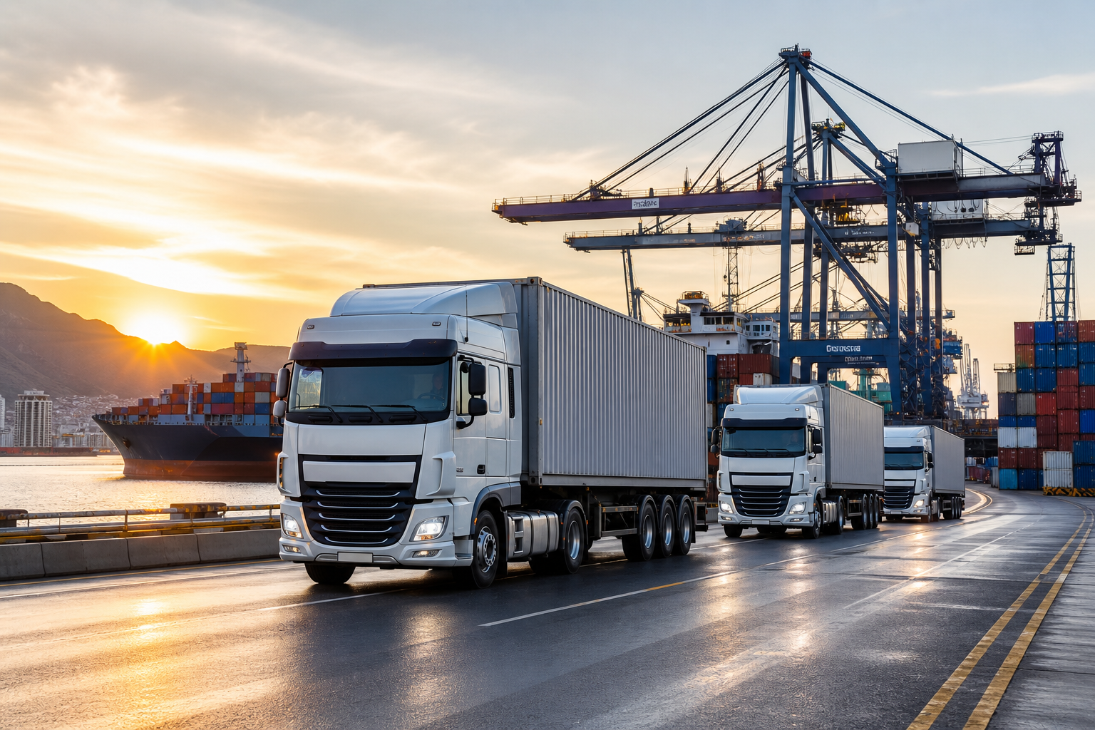 High-capacity road freight truck convoy leaving a coastal port at sunrise with cranes and container stacks in the background