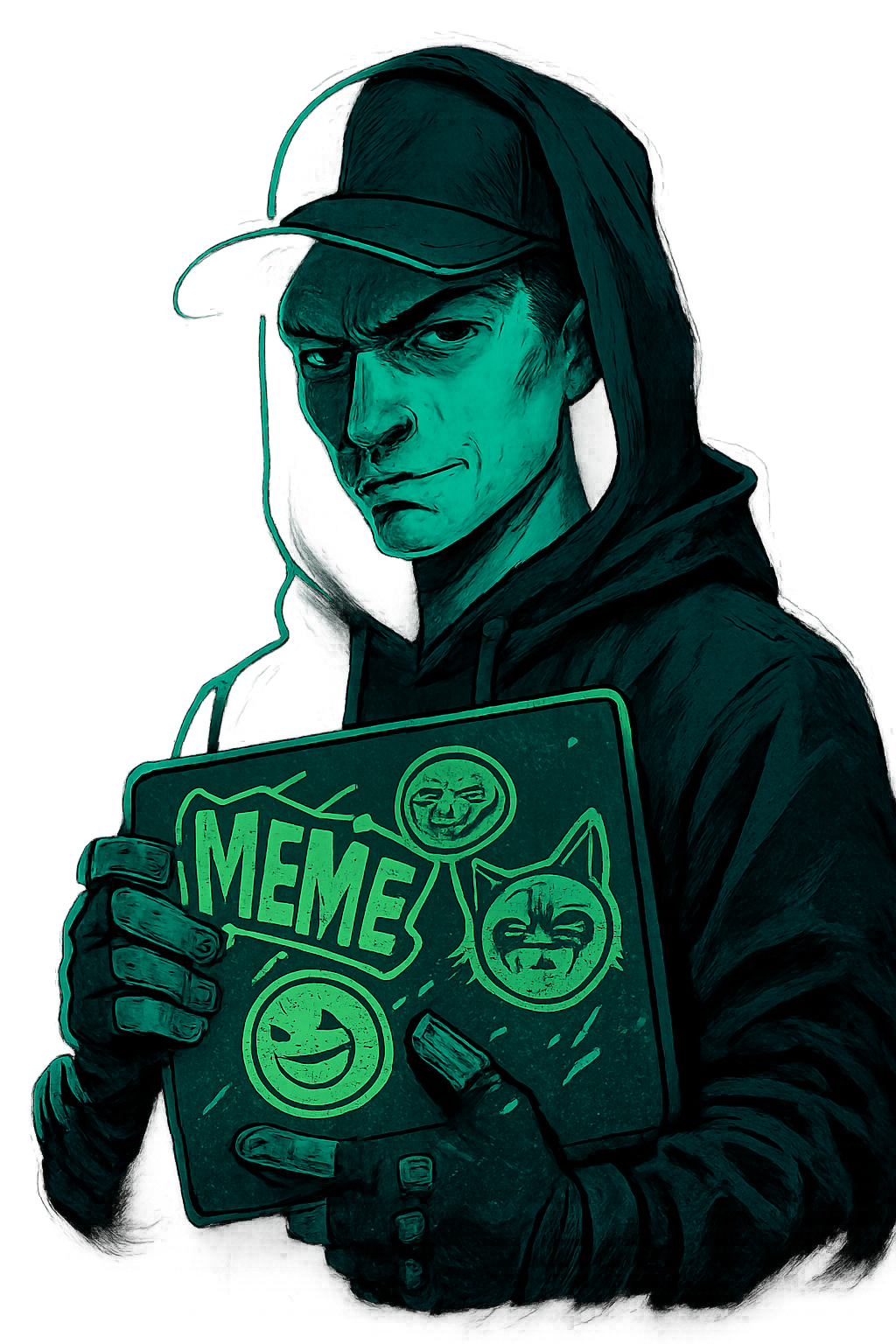 赛博朋克Meme创作者，黑色连帽穿搭，手持发光涂鸦板在夜色街头创作