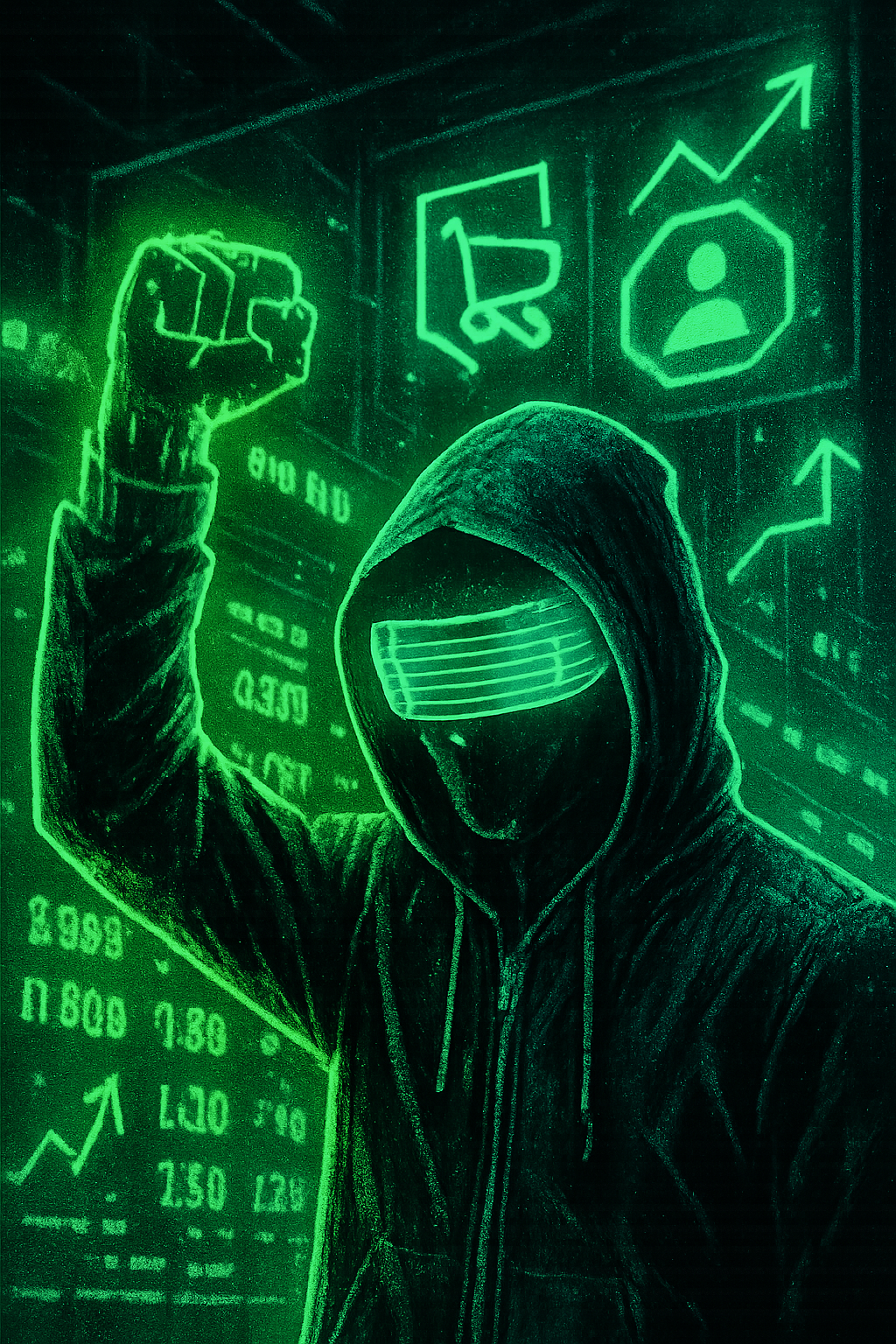 Neon cyberpunk retail trader in a hood and LED visor raising a glowing green fist in front of a night city ticker wall