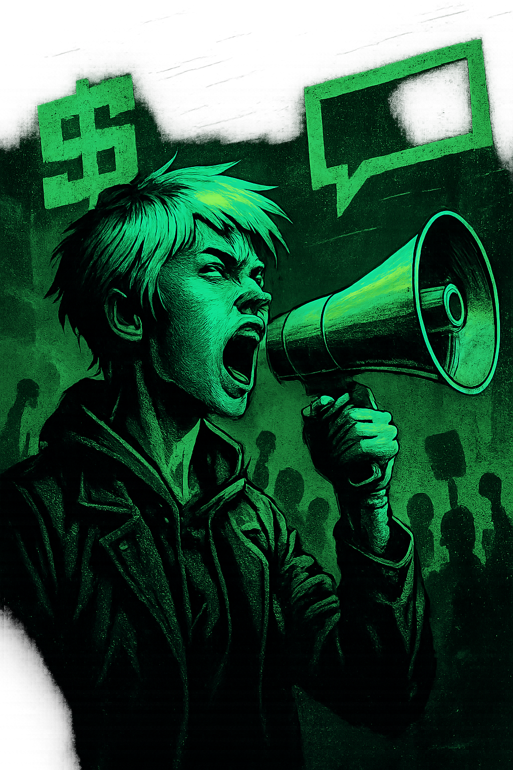 Street-style poster of a woman with neon megaphone and hologram sticker slogans, leading a crypto crowd under green light