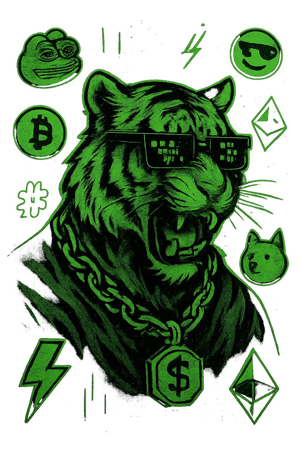 Mascot-style neon green cyber tiger with pixel shades and chain necklace standing over meme stickers and crypto symbols