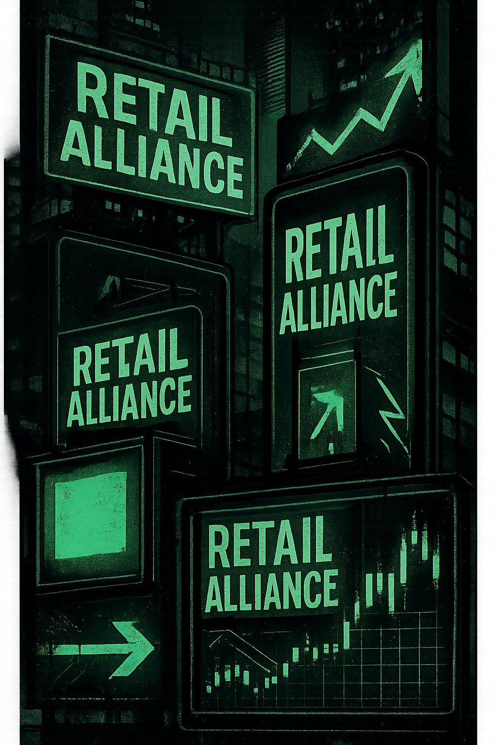 Cyberpunk night billboard collage with RETAIL ALLIANCE tags, glitch arrows and market candles in vivid green and cyan