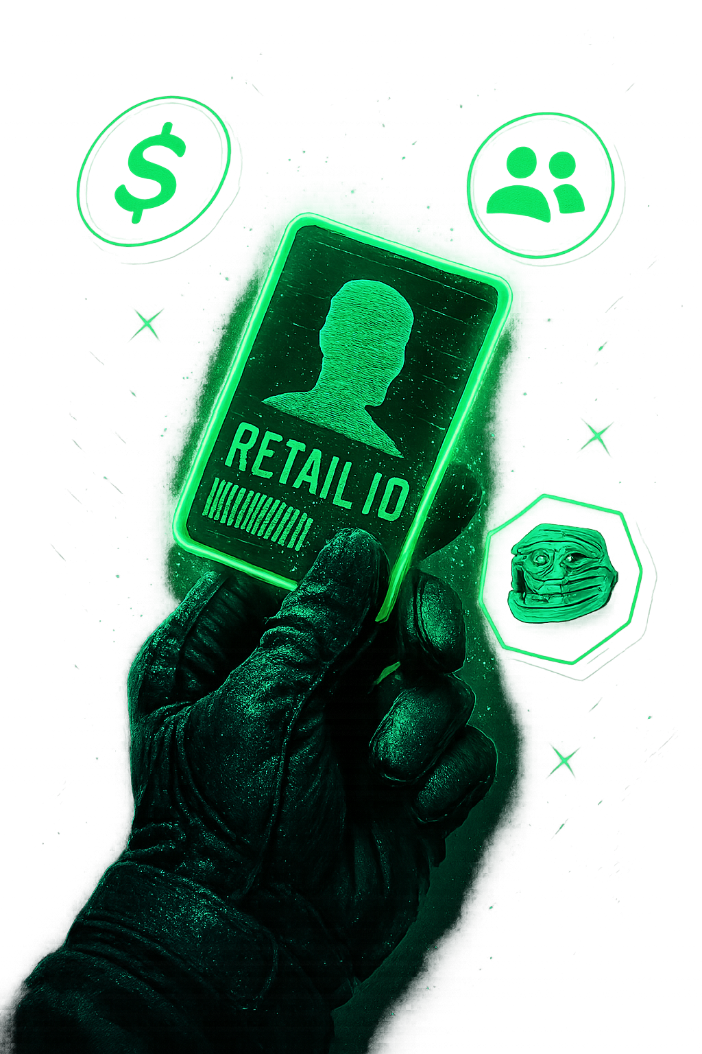 Close-up of a gloved hand holding a glowing retail ID card, surrounded by floating badges and neon particle sparks