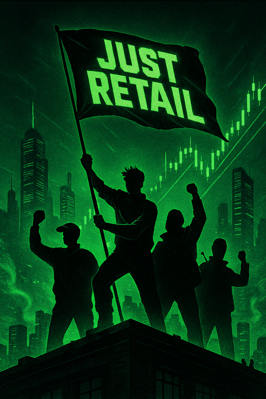 Alliance crew silhouette on a rooftop with neon flag reading JUST RETAIL against a futuristic skyline and chart lines