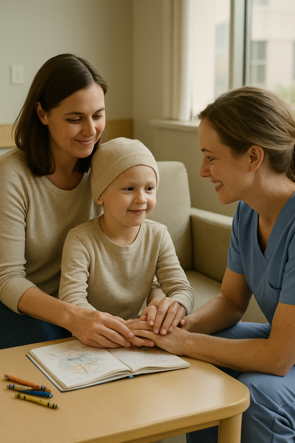 Pediatric nurse and mother sitting beside a young child in a bright hospital family room, sharing a calm, supportive moment with warm natural light and reassuring expressions
