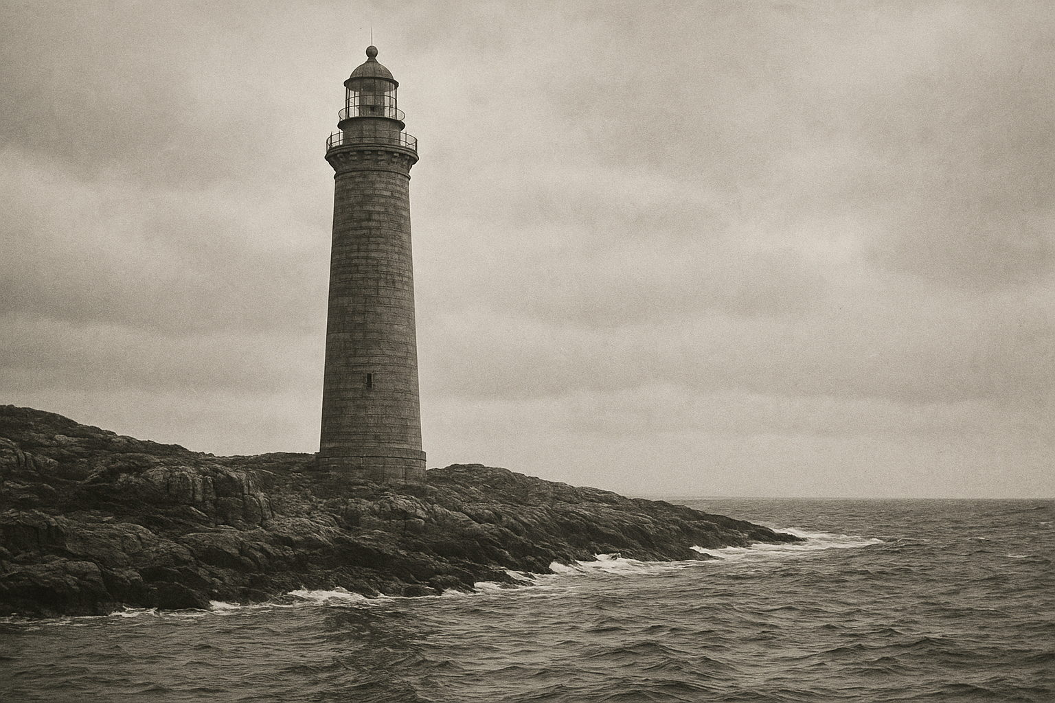 Large black-and-white archival photograph of a stone lighthouse tower on a rugged northern shoreline under low cloud