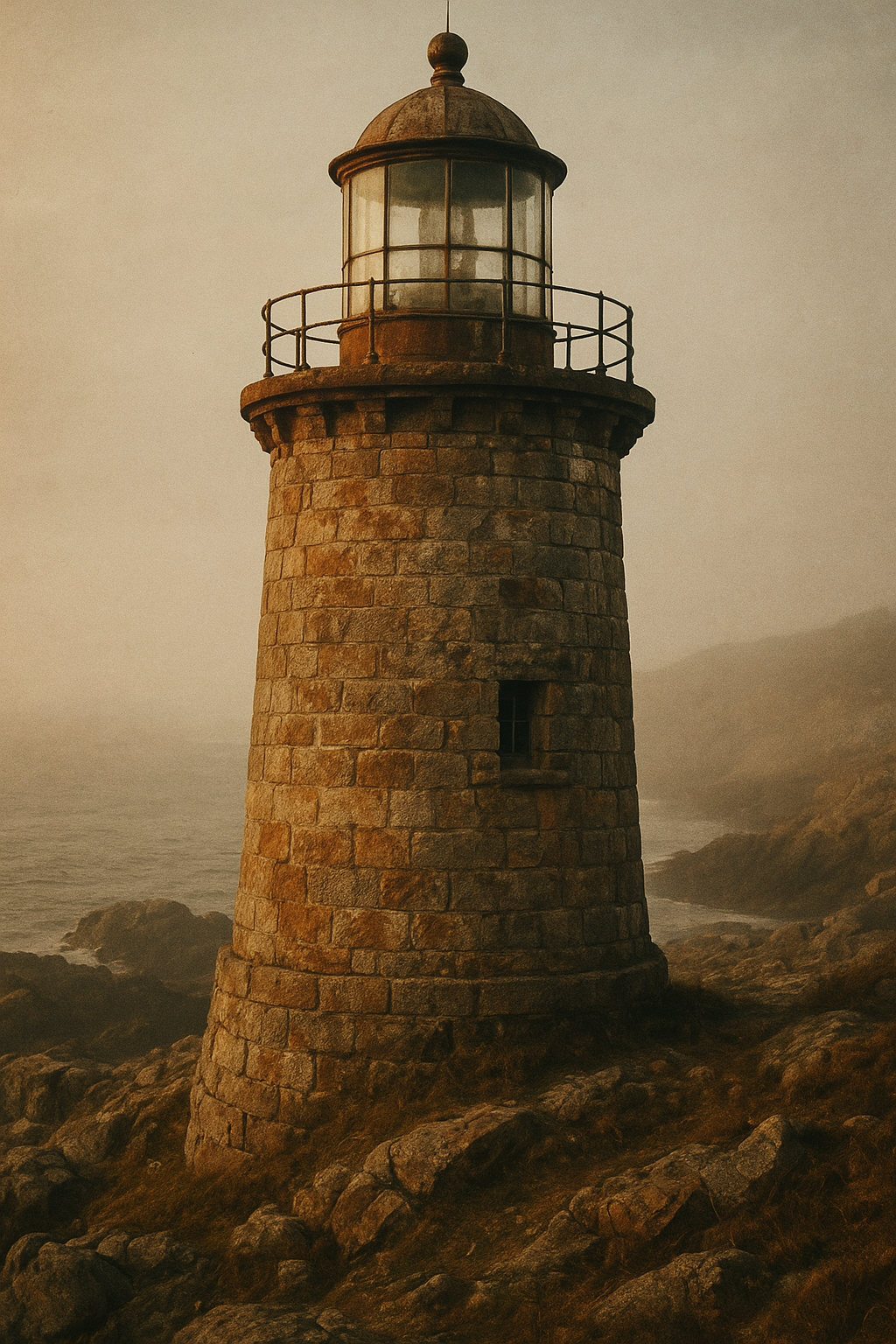 Close view of a weathered coastal lighthouse tower with warm evening light and sea mist