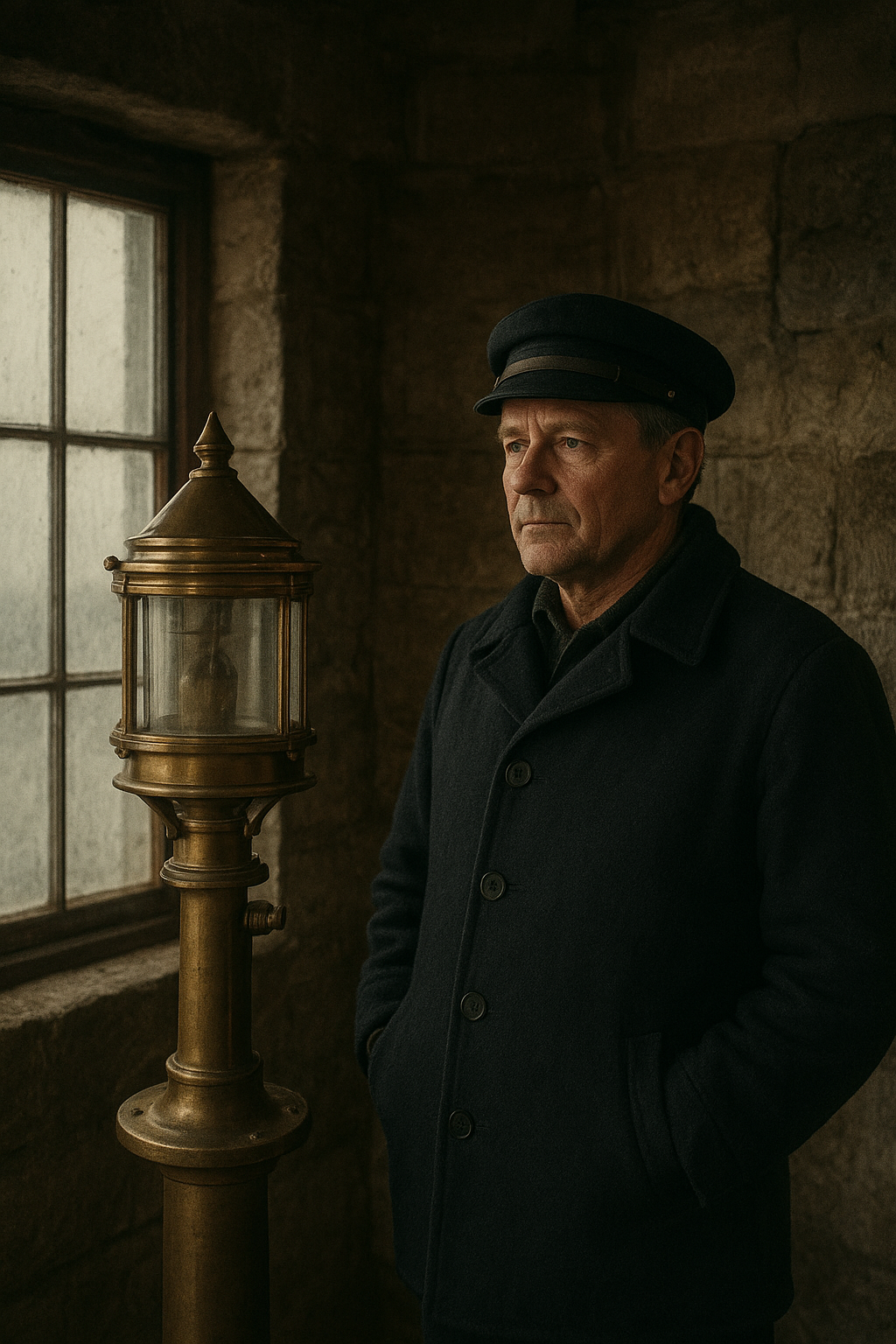 Middle-aged lighthouse keeper in a dark wool coat standing beside a brass lantern apparatus inside a weathered coastal station