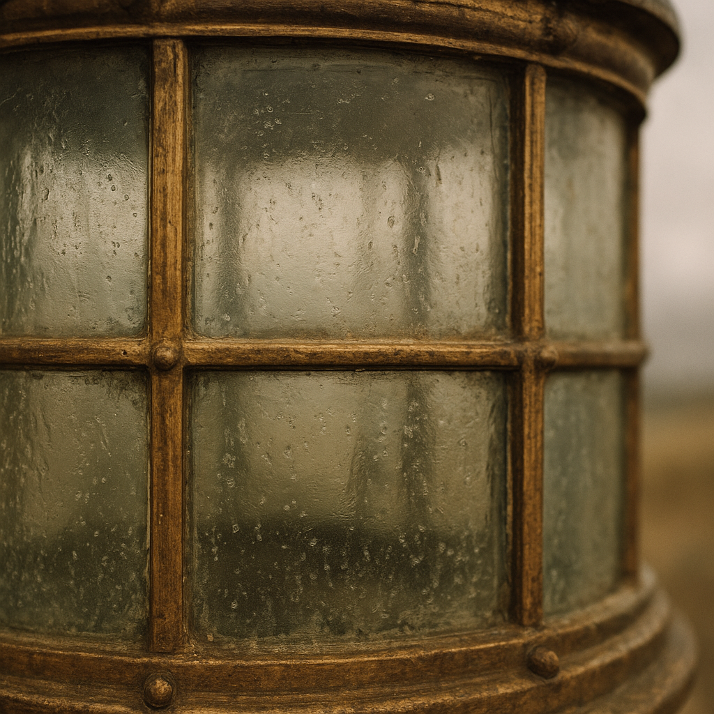 Close-up of rippled lantern glass with brass framing and light salt haze