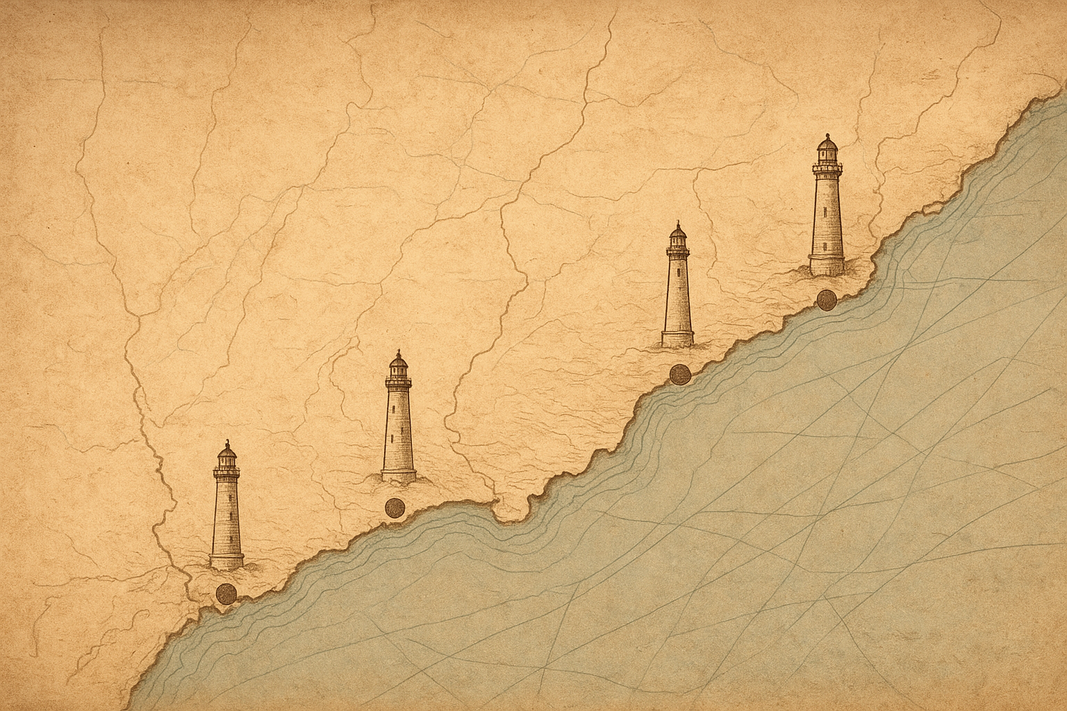 Map-inspired archival illustration of the northern coast showing preserved lighthouse towers, shoreline contours, old navigation lines, and place markers