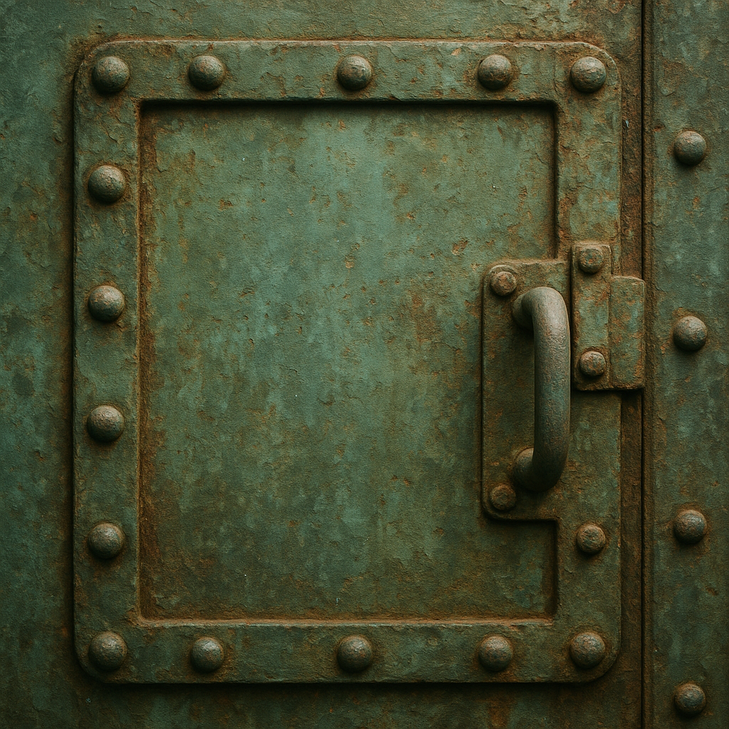 Heavy steel service door with rounded rivets and sea-worn green patina