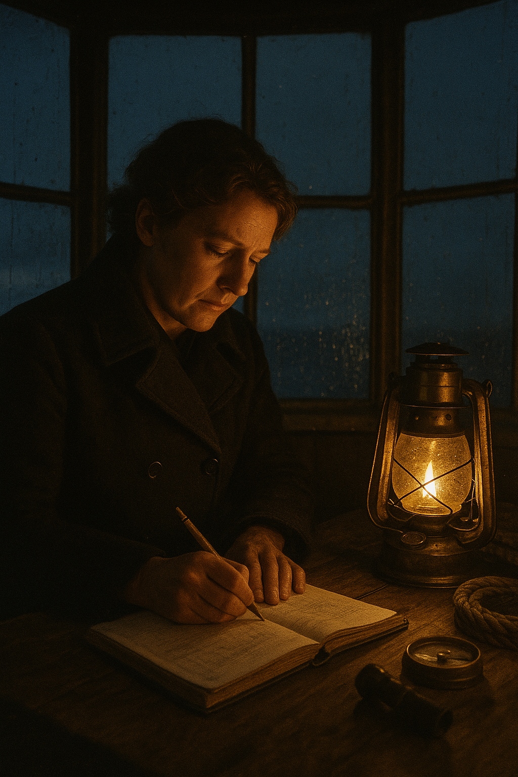 Archival-style portrait scene of a lighthouse keeper in a heavy wool coat writing in a logbook beside a brass lantern inside a weathered lantern room at night