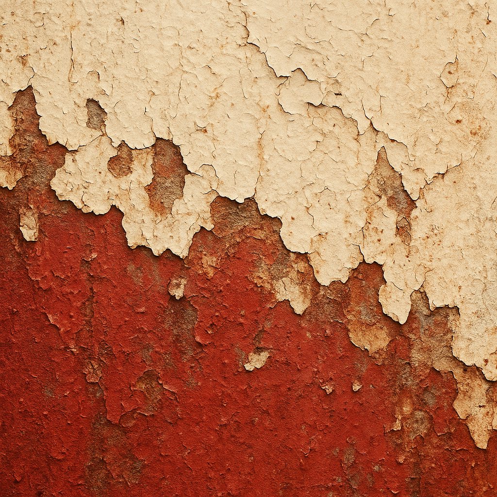 Cream and red lighthouse paint weathered into flakes over older coat lines