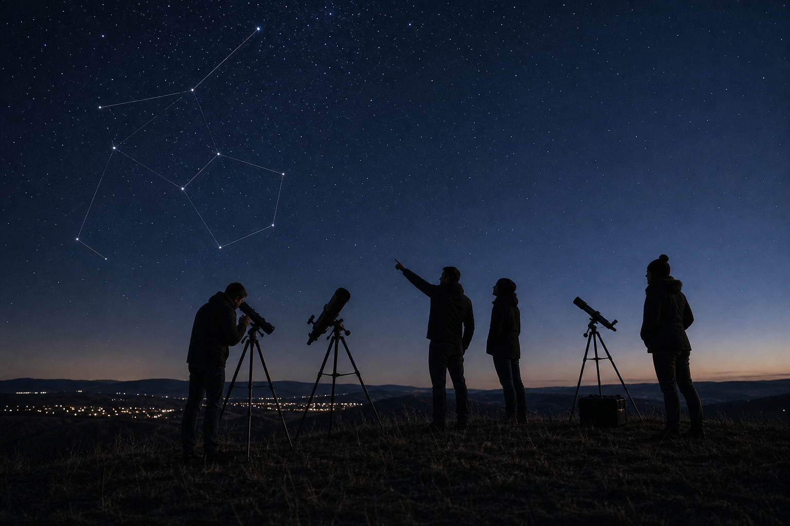 Quiet night observation scene with silhouetted people beside telescopes under a clear star field and subtle constellation line overlay