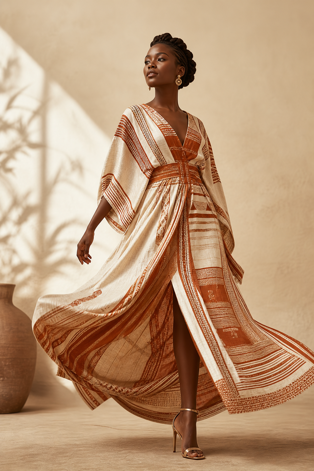 Editorial portrait of flowing dresses inspired by Beninese textiles